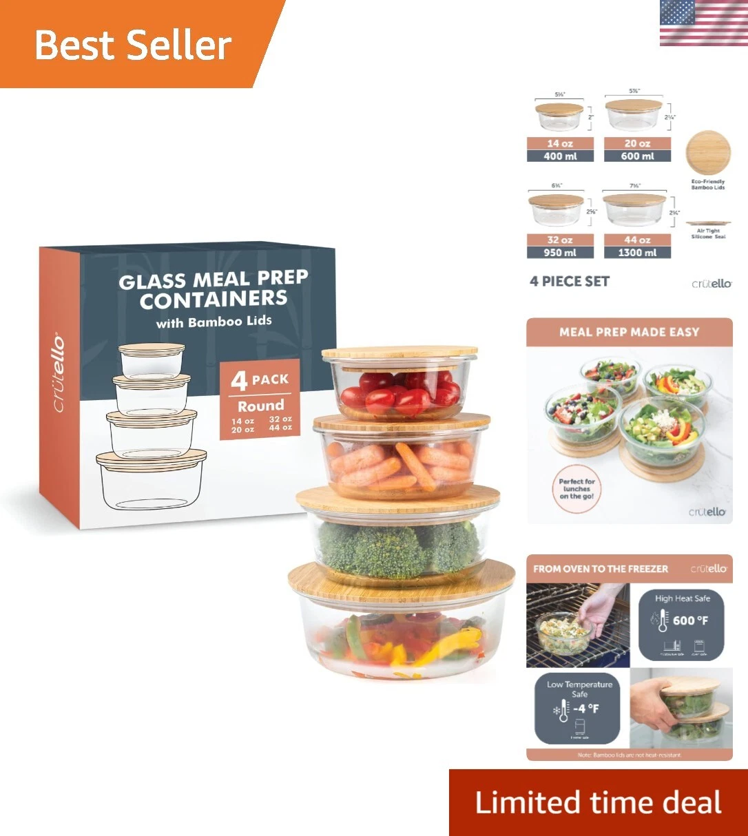 Glass Meal Prep Containers with Bamboo Lids, 4 Pack - Airtight Clear Food Sto...