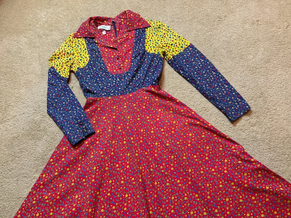 Maxi Vestido Vintage Años 70 Craig Patchwork Ditzy Floral Flor Boho Hippy Campesino XS Foto 4 de 4