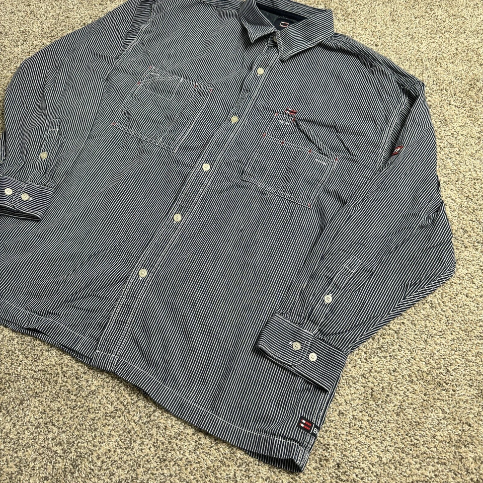 VINTAGE Bugle Boy Shirt Men’s XL Blue 77 Button Down Pockets Striped Logo Y2K * - Image 3 of 4