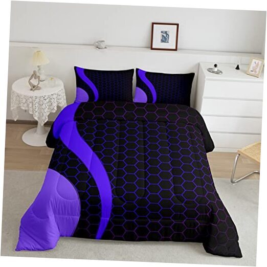 Honeycomb Comforter Hexagonal Print Bedding Set Geometrical Beehive Purple