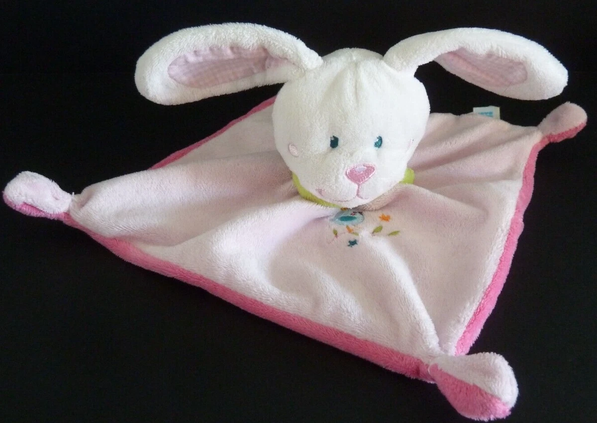 DOUDOU PLAT TEX BABY LAPIN rose blanc écharpe vert oreille vichy oiseau  bleu