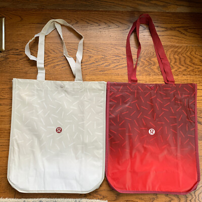 lululemon reusable bag 2022 2 Lululemon Large Reusable Shopping Bag 2022 Edition Red & Pale Gray New