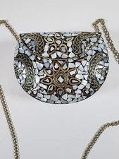 Shell Mosaic Clutch Metal Bag Ethnic Purse Gold Silver