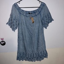 D & KADE Embroidered Boho Off Shoulder Rayon Dress Blue SZ S NWT