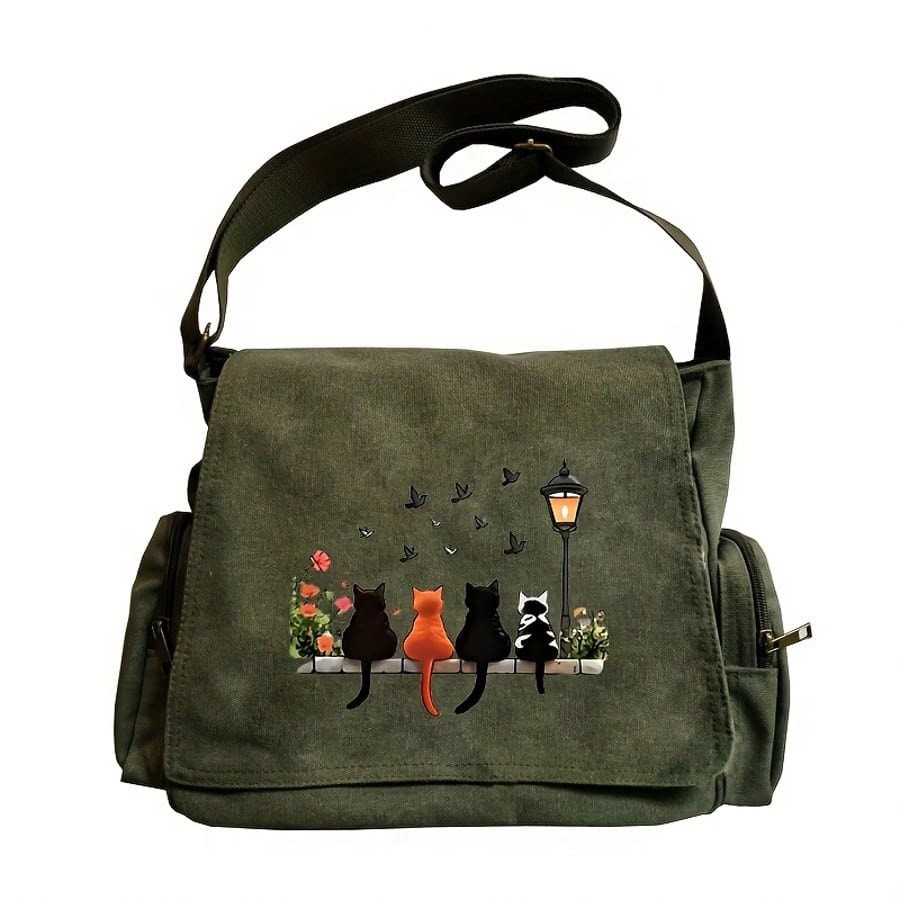 Army Green Cat Print Messenger Bag Crossbody Tote Multiple Pockets