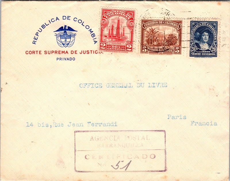 1938 Barranquilla Colombia Certified Mail Cover To Paris France
