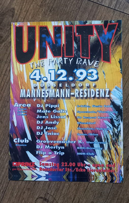 Original Flyer UNITY The Party Rave 1993 Düsseldorf Mannesmann Residenz Techno