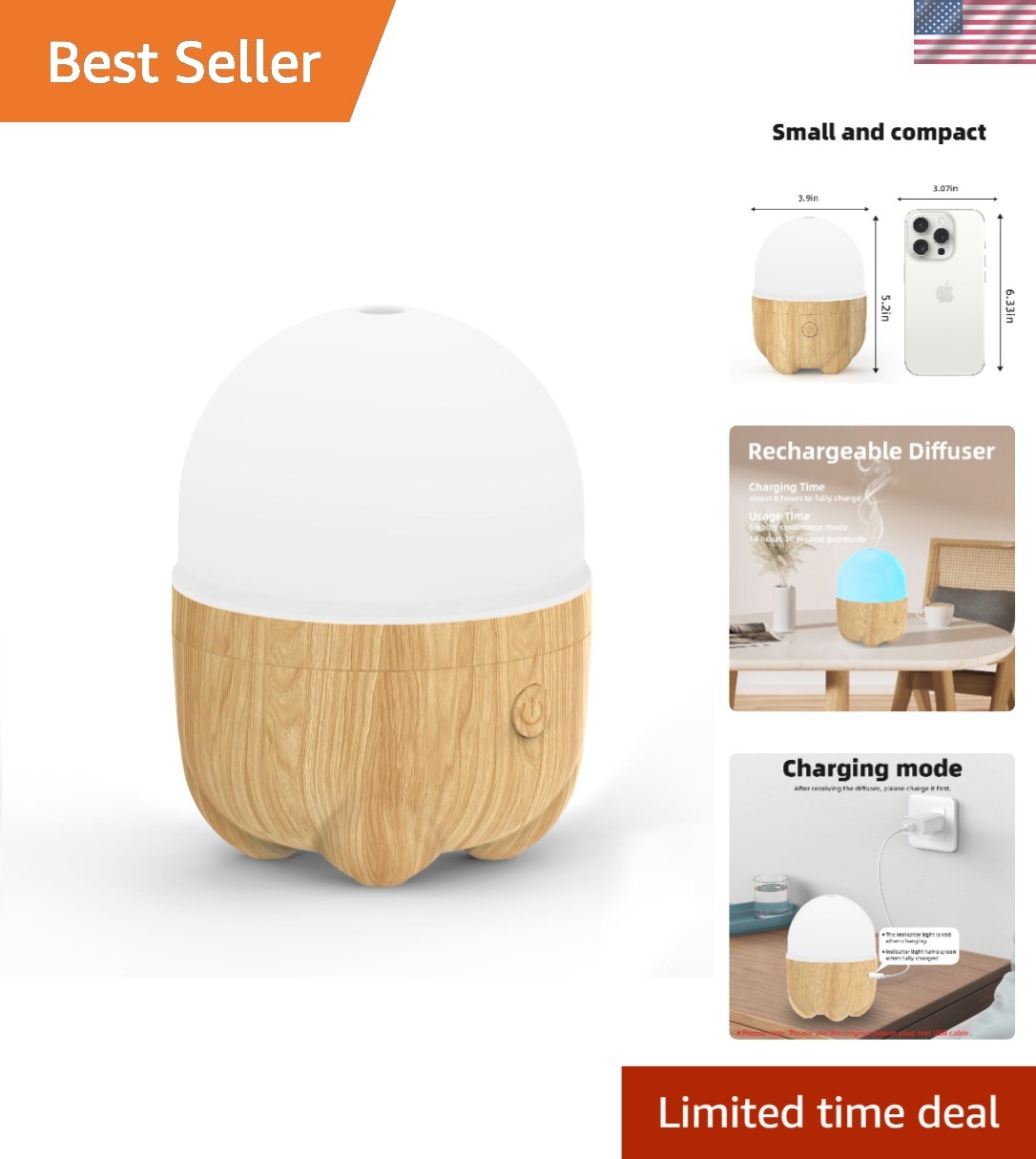 Cordless Aromatherapy Diffuser with 7 LED Lights - Perfect f