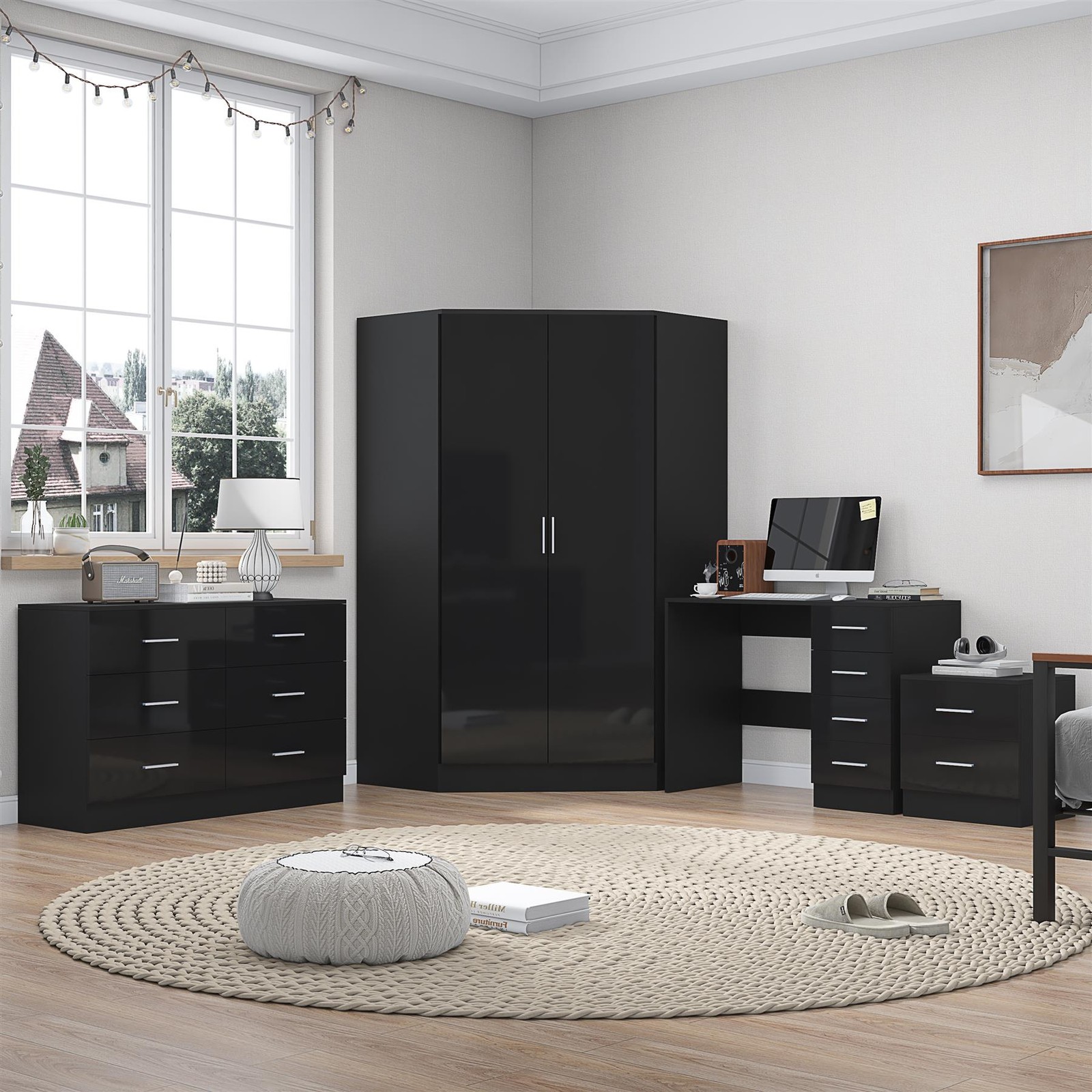 REFLECT Black Bedroom Bundle - Corner Wardrobe + Chest + Desk + Bedside