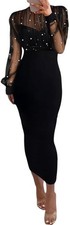 CHICME Women'S Bodycon Midi Dress Mock Neck Long Sleeve Sheer Dresses Beaded XL