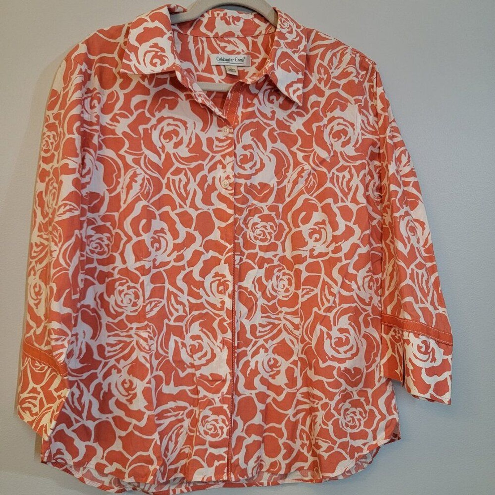 Coldwater Creek Coral White Button-Down Blouse with Cute 3/4 Sleeves Sz L