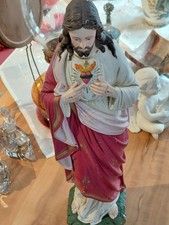 Alte Heiligenfigur Herz Jesus Christus Gips schön bemalt mit Herz Skulptur  