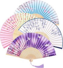 4 PCS Chinese Handheld Fans Silk Folding Fans with Bamboo Women Floral Folding F