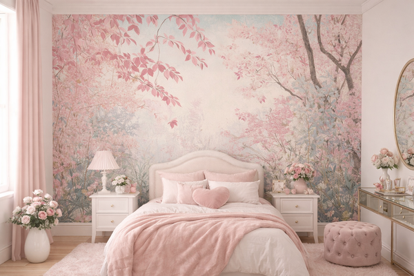 Damen Schlafzimmer Floral Tapete Wandbild 312X219Cm Rosa Natur Gemalte Pflanzen-image