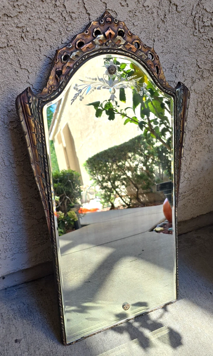 Vintage Antique Art Deco Mirror Nouveau Gesso Wall Hanging Floral Etched Ornate