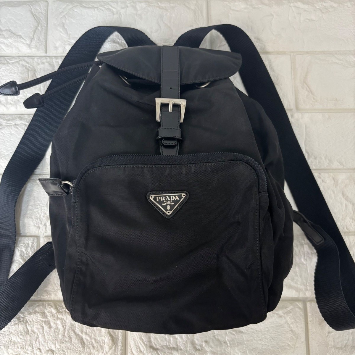 Prada Triangle Logo Backpack Rucksack Sac Quilted Nylon Leather Nero Black Black Re-Nylon and leather backpack | PRADA - United States main image 2
