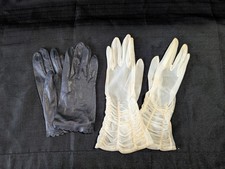 2pair Vtg Ladies Gloves- Black Leather and Ivory Dress Gloves Size Small-Read