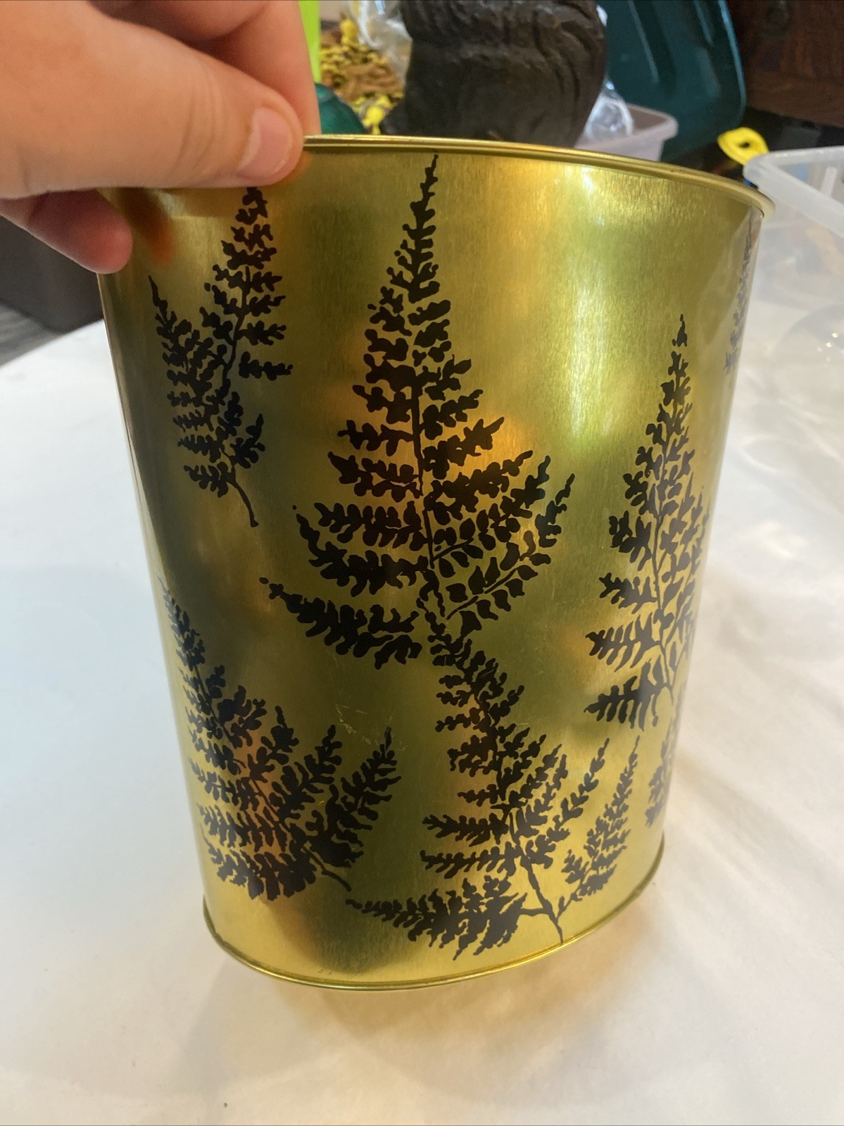 JV Reed & Co USA Gold Black Leaves MCM Fern Vintage Trash Can Metal 9.25”