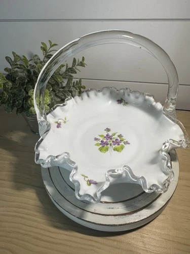 Vintage FENTON Silver Crest "Violets In The Snow" 7 1/2" BASKET