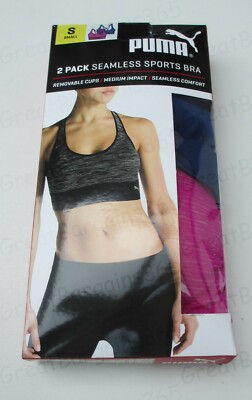 Damen Puma Sport BH Twin 2er Pack Seamless Schwarz Grau Blau Lila S M L XL NEU