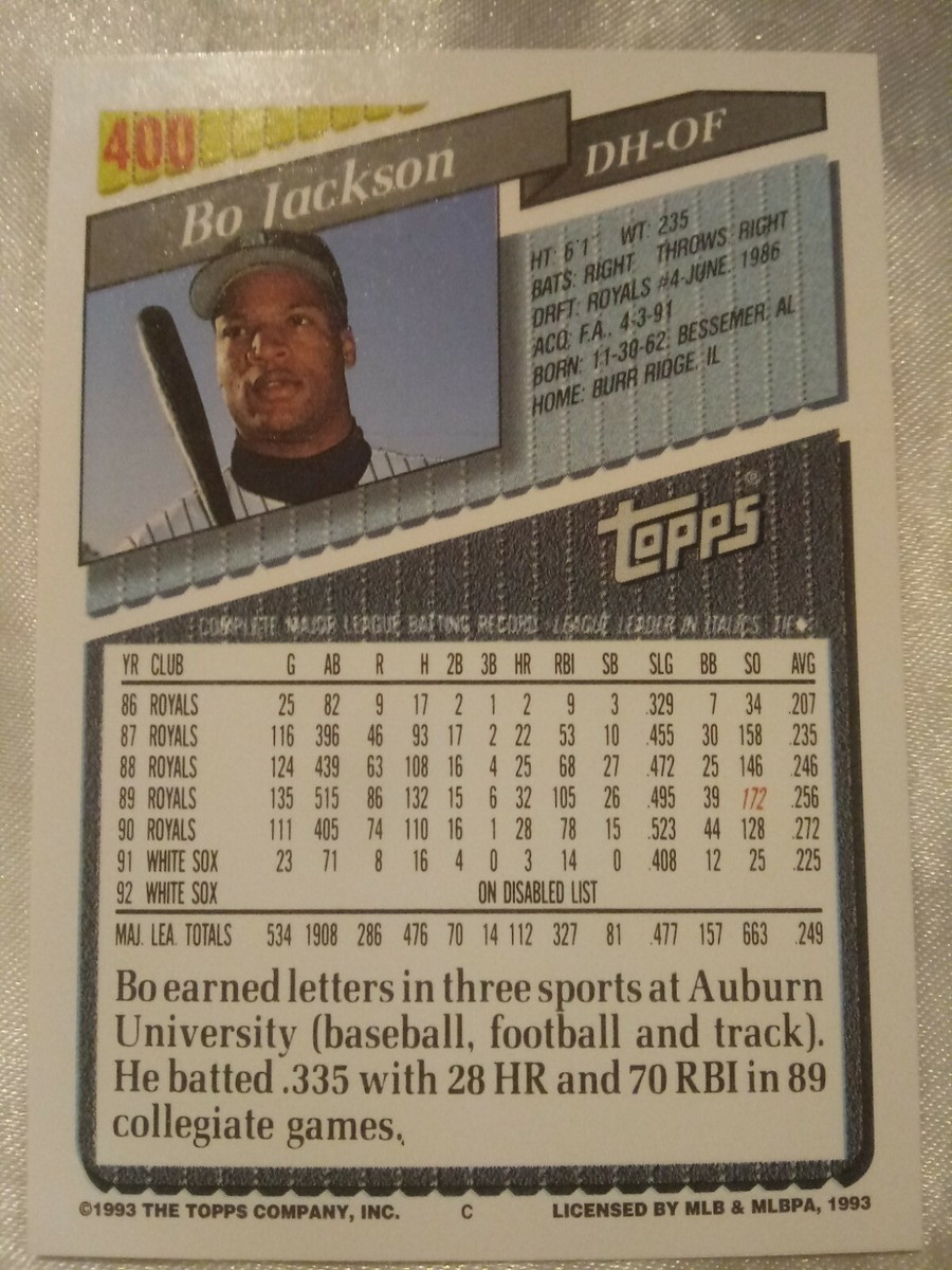 1993 TOPPS BO JACKSON CHICAGO WHITE SOX BASEBALL CARD #400 1993 TOPPS BO JACKSON CHICAGO WHITE SOX BASEBALL CARD #400