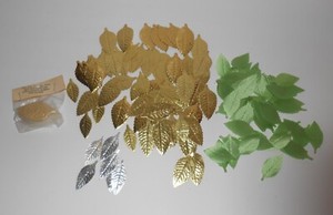 Lot of Gold Colored Paper Leaves and Green Fabric Leaves for Crafting/Decorating