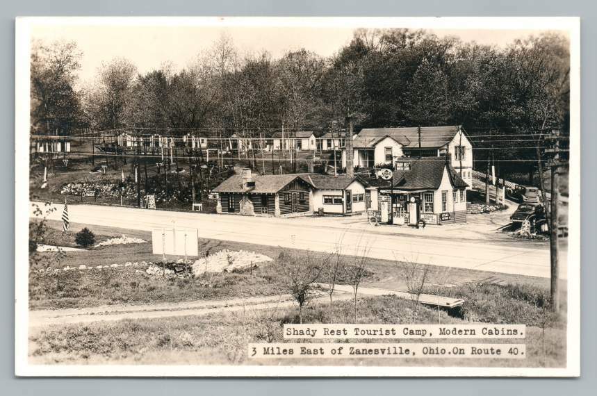 Shady Rest Tourist Camp & Gas Station ZANESVILLE Ohio RPPC Route 40