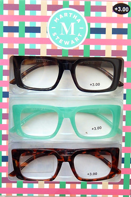 MARTHA STEWART 3-PACK PREMIUM READING GLASSES READERS +3.00 NEW AUTHENTIC