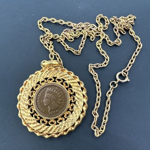 Beautiful 1890 Indian Head Penny In Large Gold Ton Pendant 24" CHAIN - Picture 1 of 5