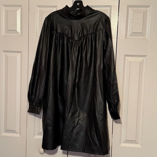 Who What Wear Women's Long Sleeve Black Faux Leather A-Line Dress - Size XL - Afbeelding 3 van 9