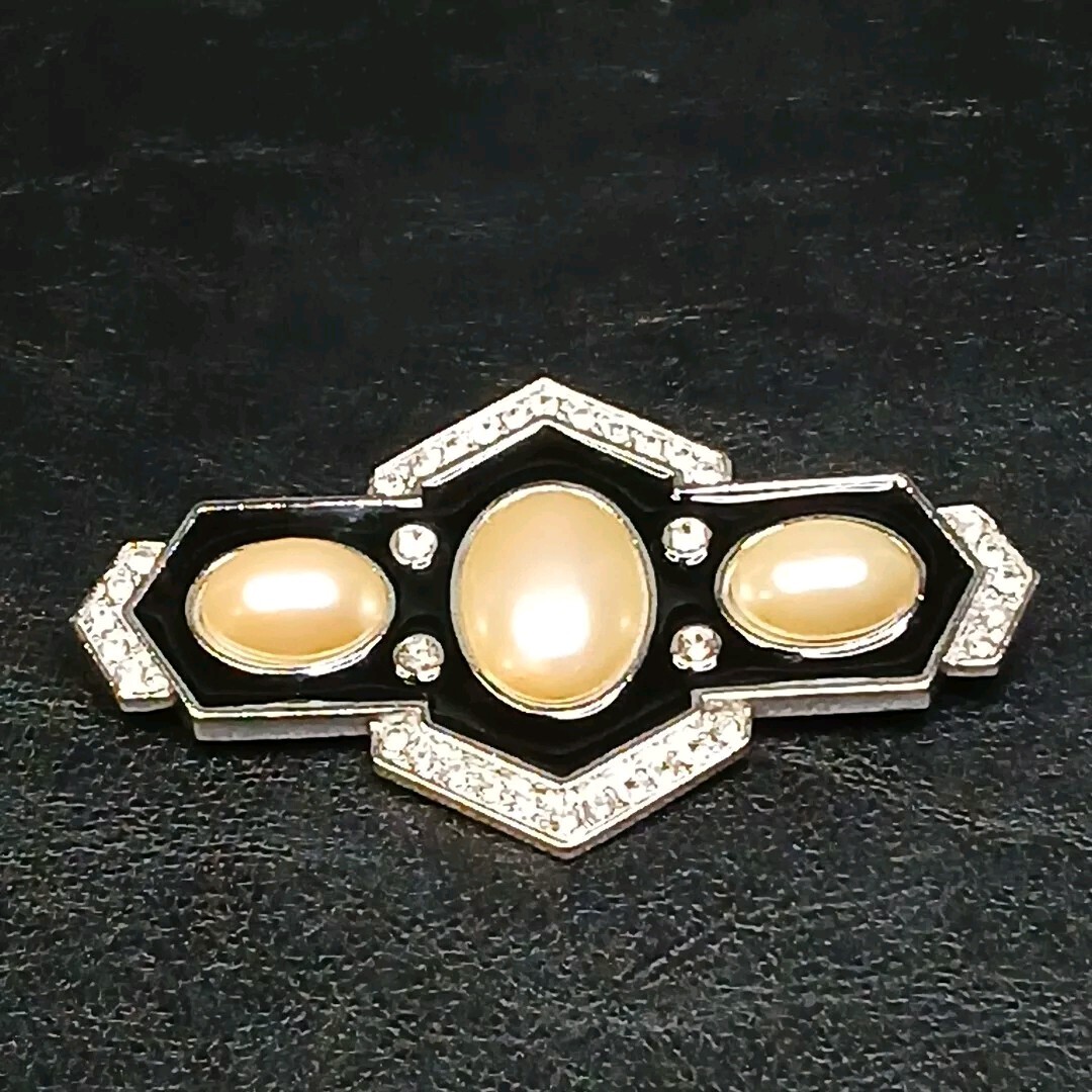 Vintage YSL Faux Pearl Cabochon Rhinestone & Black Enamel Brooch
