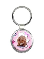 Dog : Gift Round Keychain Pet Animal Puppy Funny Cute Pink Polka Dots