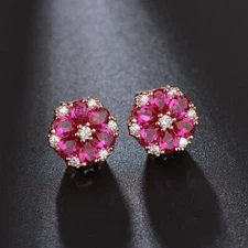 Rose Gold Plated Sparkling Hot Pink Fuchsia CZ 10mm Dainty Flower Stud Earrings