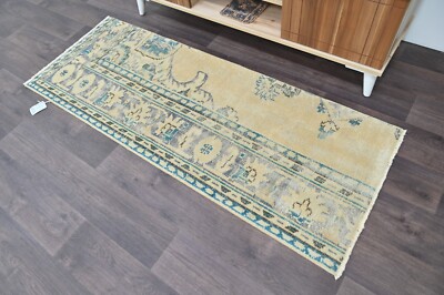 Vintage Turkish Runner Rug 2x6ft BEIGE Handmade Anatolian Oushak Hallway Wool