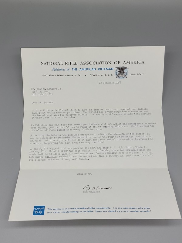 1956 Bob Wallack Signed NRA National Rifle Association Letterhead Enfield Rifle