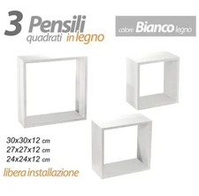 Set 3 Pensili Sospesi A Forma Quadrata Da Parete in Legno Bianco A Libera Instal