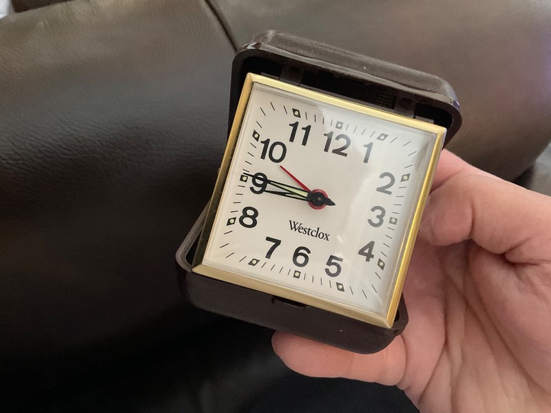 Westclox Travel Alarm Clock - Brown Hard Case-Gold Wind Up VINTAGE Works!