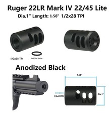 1" Dia Black Anodized Aluminum Ruger Mark IV 22/45 1/2x28 TPI Muzzle Brake 22LR