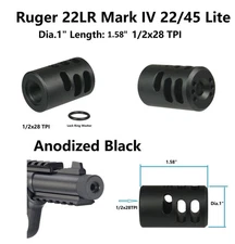 1" Dia Black  Anodized Aluminum Ruger Mark IV 22/45 1/2x28 TPI Muzzle Brake 22LR