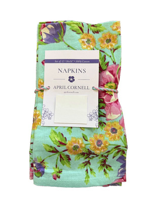 APRIL CORNELL - PENNY'S PATIO - TURG GOLD PURPLE GREEN - SET OF 12 NAPKINS - NEW