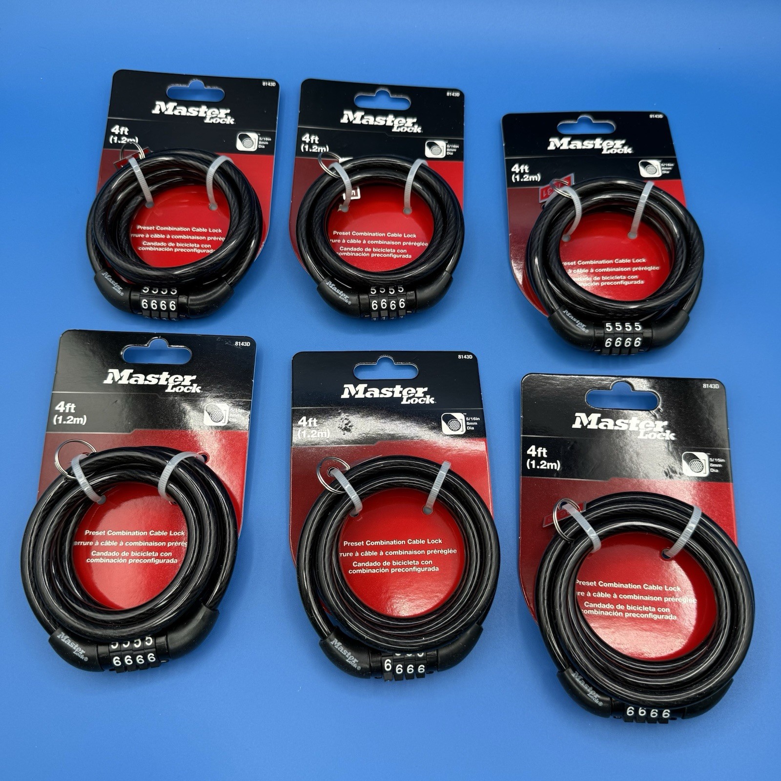 Lot of 6 New Genuine Master Lock, Bike Lock, Preset Combination, Cable Lock 4ft