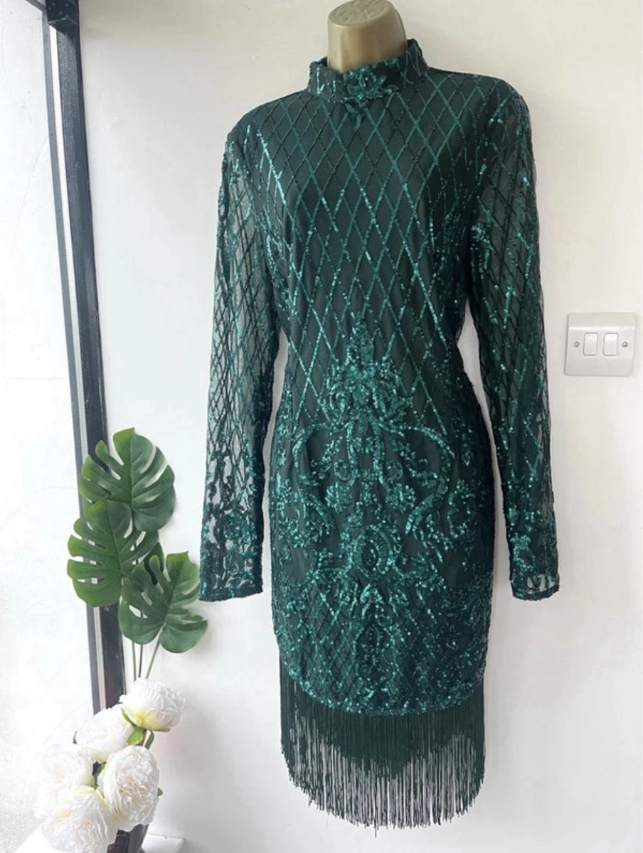 emerald green sequin long sleeve tassel hem bodycon dress PRETTYLITTLETHING Dresses for Women for sale long sleeve sequin dress