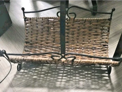Vtg Wicker Black Wrought Iron Rattan Magazine Rack Basket Handle Rattan Vintage - Image 1 of 4