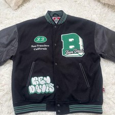 Ben Davis Varsity Jacket Bomber Stadium Coat Wool Leather Sleeve Black Green M