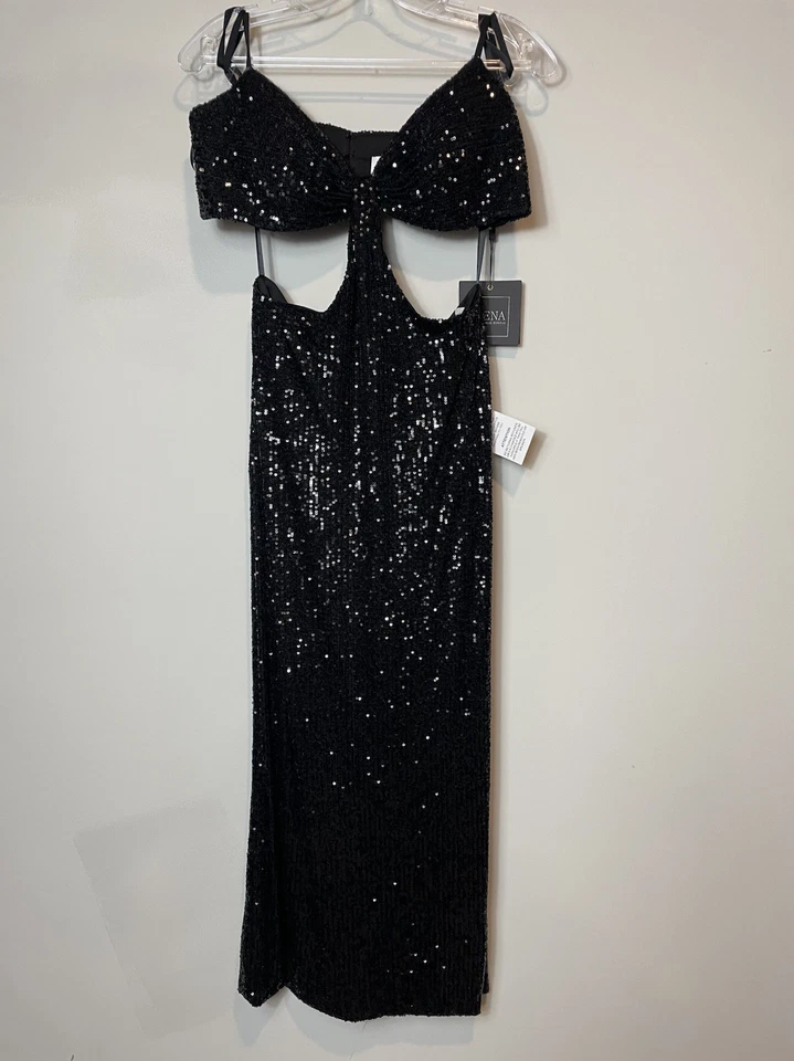 全新 Ieena 适用于 Mac Duggal Open Midriff 黑色亮片礼服 尺寸 6 零售 $298 — 第 2/4 张图片