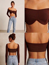 SHEIN Brown Ribbed Long-Sleeve Square Neck Cr...