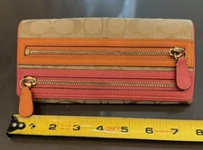 COACH Bonnie Cashin Signature Canvas Double Zip Flap Orange Pink Medium Wallet