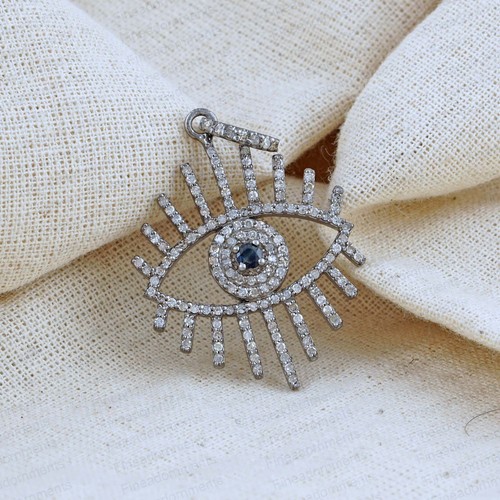 Colgante de plata 925 maciza con dije de mal de ojo pavé de diamantes y zafiros - Imagen 3 de 7