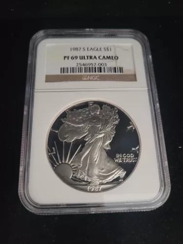 1987 S PROOF SILVER EAGLE NGC PF69 ULTRA CAMEO CLASSIC BROWN LABEL