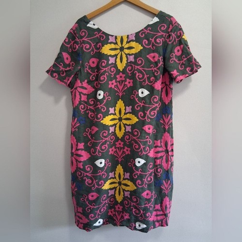 Boden Delfina 100% Linen Floral Geometric Short Sleeve Sheath Dress Size 14